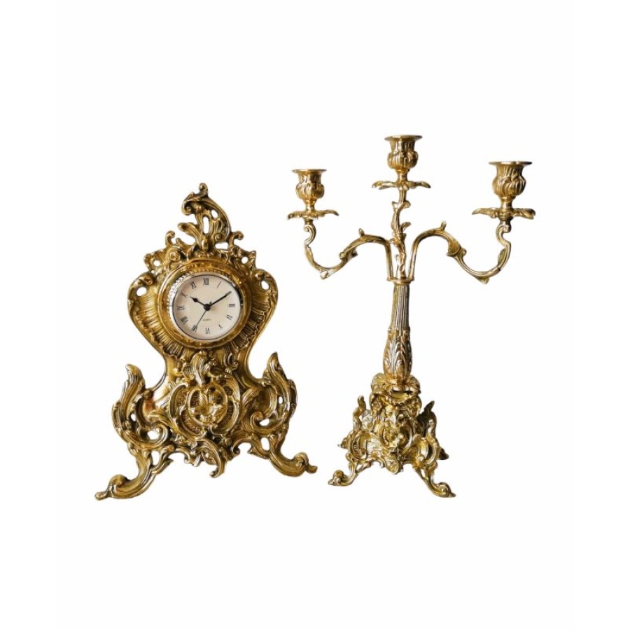 Σετ μπρούτζινα ρολόι και κηροπήγιο τρίκερο χρυσά - Image 1