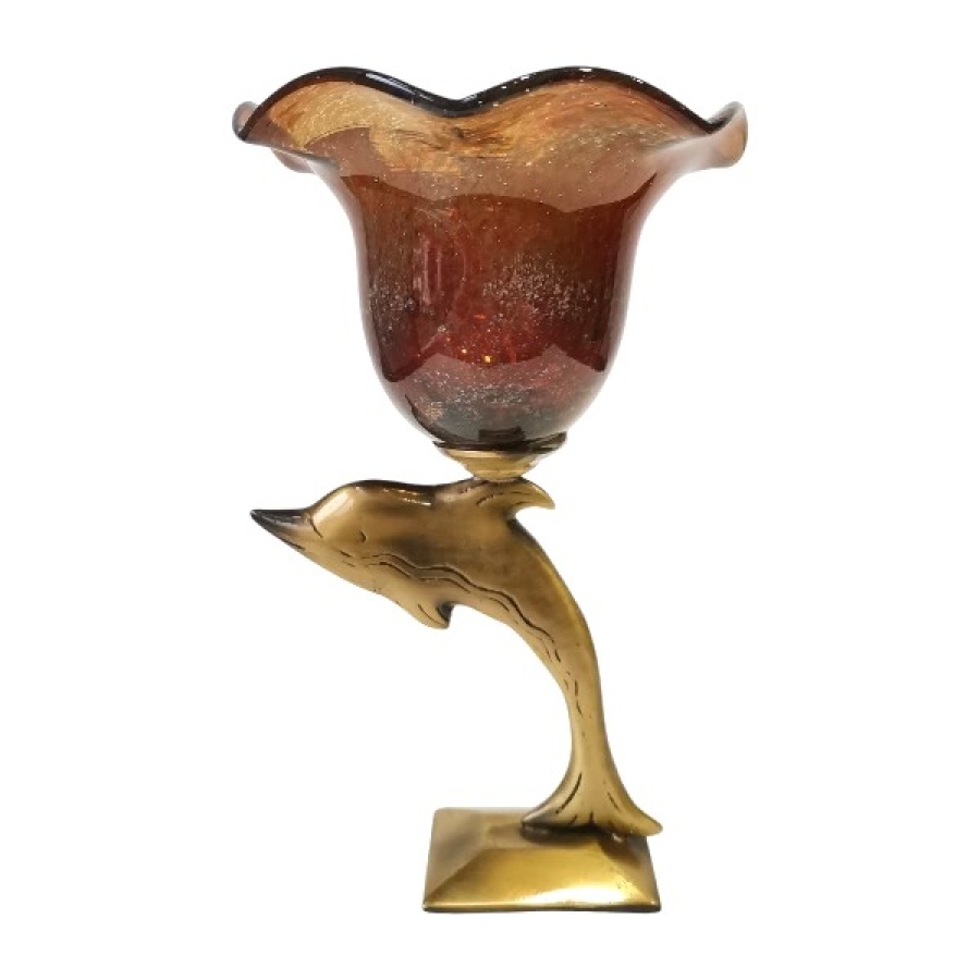 02-200 Κηροπήγιο μπρούτζινο δελφίνι με φυσητό γυαλί - Image 1