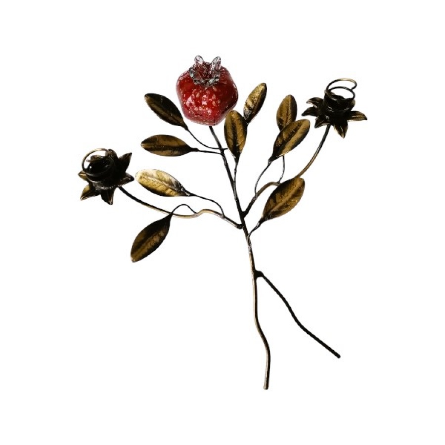 Κηροπήγιο δίκερο μπρούτζινο με ρόδι από φυσητό γυαλί - Image 2