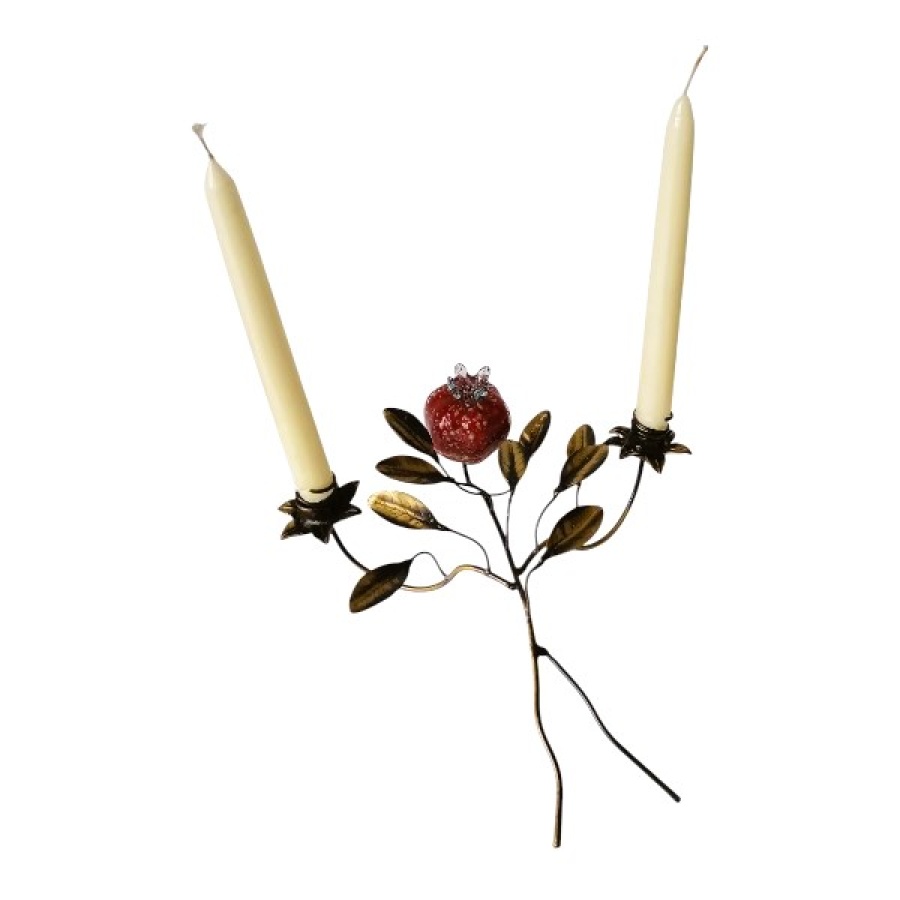 Κηροπήγιο δίκερο μπρούτζινο με ρόδι από φυσητό γυαλί - Image 1