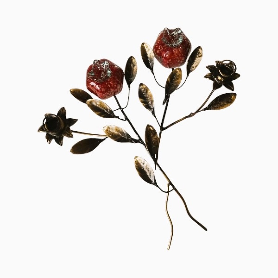 Κηροπήγιο δίκερο μπρούτζινο με ρόδια από φυσητό γυαλί - Image 2