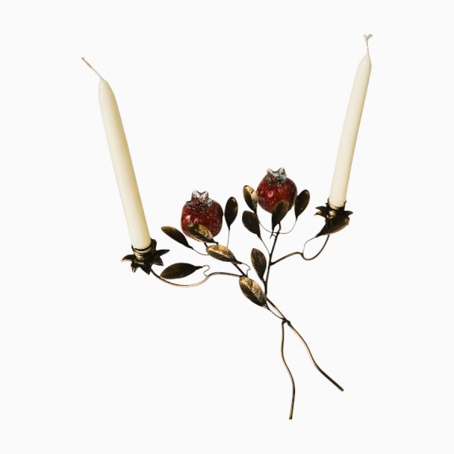 Κηροπήγιο δίκερο μπρούτζινο με ρόδια από φυσητό γυαλί - Image 1